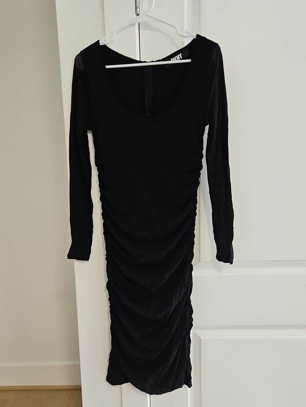 DKNY Black Long-Sleeve Ruched Midi Dress